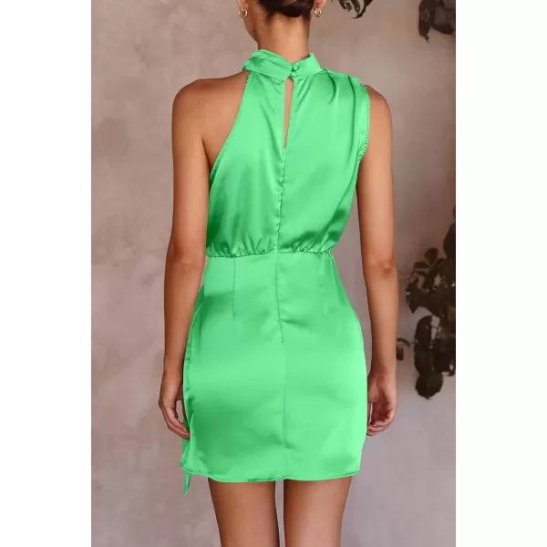 imagePRETTYGARDEN Womens Short Formal Satin Dress Summer Sleeveless Mock Neck Tie Waist Cocktail Party DressesGrass Green