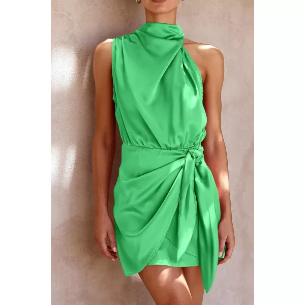 imagePRETTYGARDEN Womens Short Formal Satin Dress Summer Sleeveless Mock Neck Tie Waist Cocktail Party DressesGrass Green