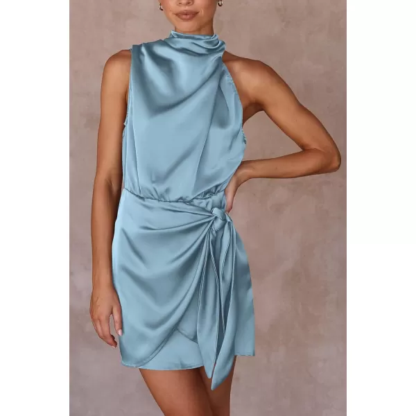 imagePRETTYGARDEN Womens Short Formal Satin Dress Summer Sleeveless Mock Neck Tie Waist Cocktail Party DressesLight Blue