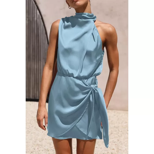 imagePRETTYGARDEN Womens Short Formal Satin Dress Summer Sleeveless Mock Neck Tie Waist Cocktail Party DressesLight Blue