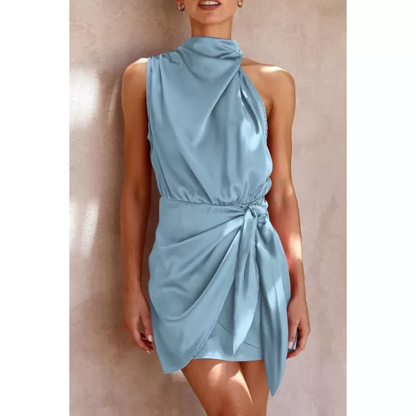 imagePRETTYGARDEN Womens Short Formal Satin Dress Summer Sleeveless Mock Neck Tie Waist Cocktail Party DressesLight Blue