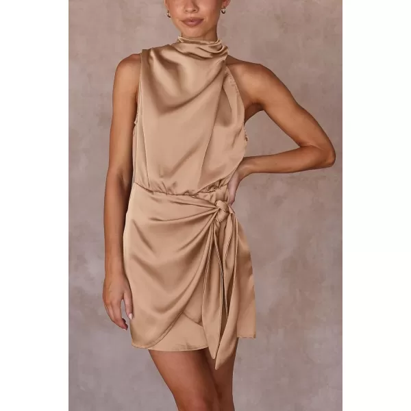 imagePRETTYGARDEN Womens Short Formal Satin Dress Summer Sleeveless Mock Neck Tie Waist Cocktail Party DressesLight Khaki