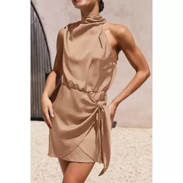 imagePRETTYGARDEN Womens Short Formal Satin Dress Summer Sleeveless Mock Neck Tie Waist Cocktail Party DressesLight Khaki