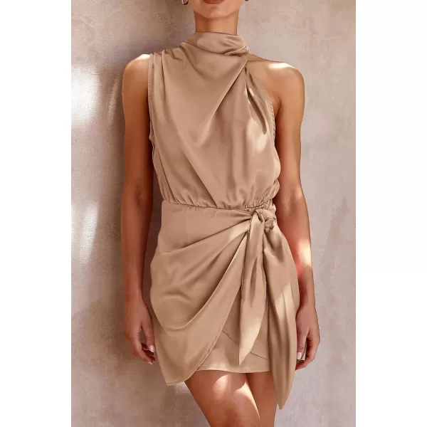 imagePRETTYGARDEN Womens Short Formal Satin Dress Summer Sleeveless Mock Neck Tie Waist Cocktail Party DressesLight Khaki