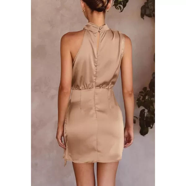 imagePRETTYGARDEN Womens Short Formal Satin Dress Summer Sleeveless Mock Neck Tie Waist Cocktail Party DressesLight Khaki