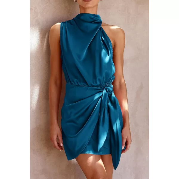 imagePRETTYGARDEN Womens Short Formal Satin Dress Summer Sleeveless Mock Neck Tie Waist Cocktail Party DressesNavy
