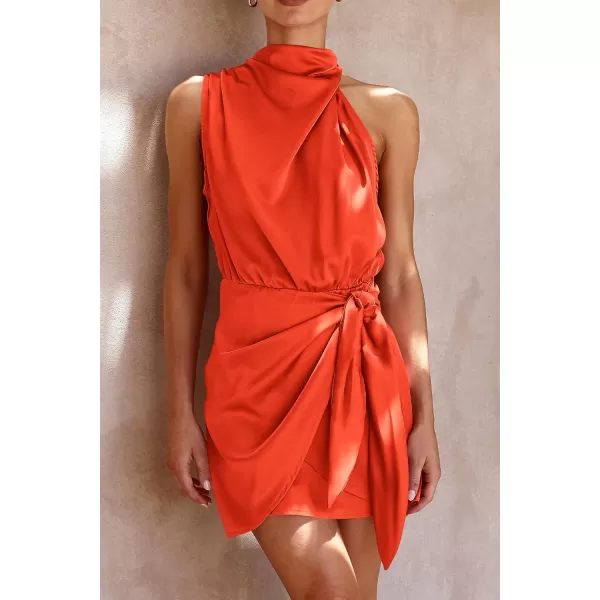 imagePRETTYGARDEN Womens Short Formal Satin Dress Summer Sleeveless Mock Neck Tie Waist Cocktail Party DressesOrange