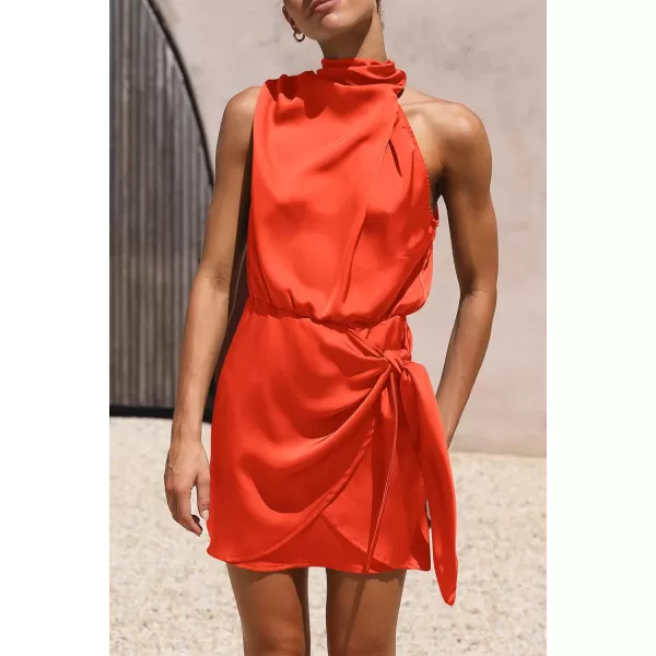 imagePRETTYGARDEN Womens Short Formal Satin Dress Summer Sleeveless Mock Neck Tie Waist Cocktail Party DressesOrange