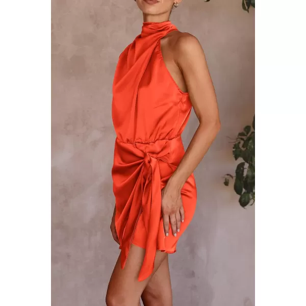 imagePRETTYGARDEN Womens Short Formal Satin Dress Summer Sleeveless Mock Neck Tie Waist Cocktail Party DressesOrange