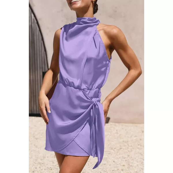 imagePRETTYGARDEN Womens Short Formal Satin Dress Summer Sleeveless Mock Neck Tie Waist Cocktail Party DressesPurple
