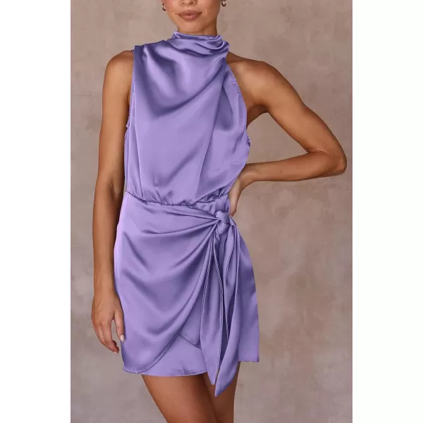 imagePRETTYGARDEN Womens Short Formal Satin Dress Summer Sleeveless Mock Neck Tie Waist Cocktail Party DressesPurple