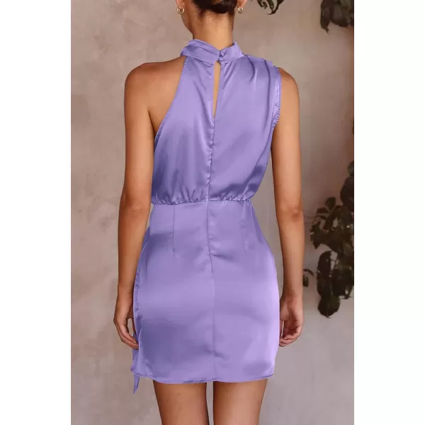 imagePRETTYGARDEN Womens Short Formal Satin Dress Summer Sleeveless Mock Neck Tie Waist Cocktail Party DressesPurple