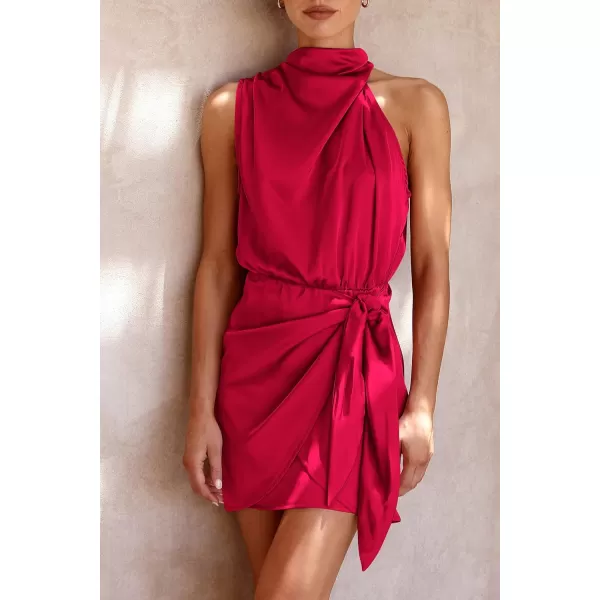 imagePRETTYGARDEN Womens Short Formal Satin Dress Summer Sleeveless Mock Neck Tie Waist Cocktail Party DressesRed