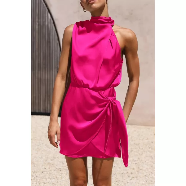 imagePRETTYGARDEN Womens Short Formal Satin Dress Summer Sleeveless Mock Neck Tie Waist Cocktail Party DressesRose Red