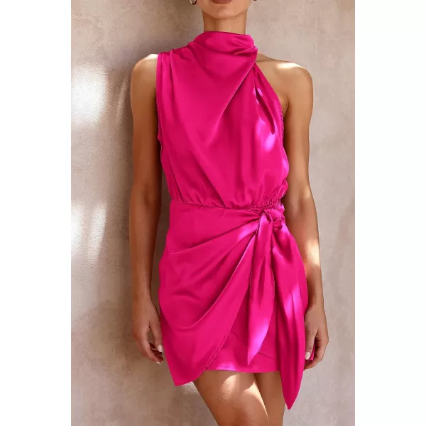 imagePRETTYGARDEN Womens Short Formal Satin Dress Summer Sleeveless Mock Neck Tie Waist Cocktail Party DressesRose Red