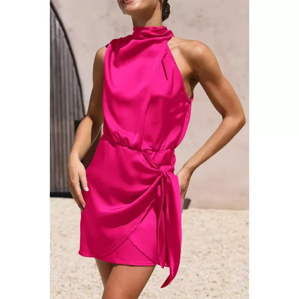 imagePRETTYGARDEN Womens Short Formal Satin Dress Summer Sleeveless Mock Neck Tie Waist Cocktail Party DressesRose Red