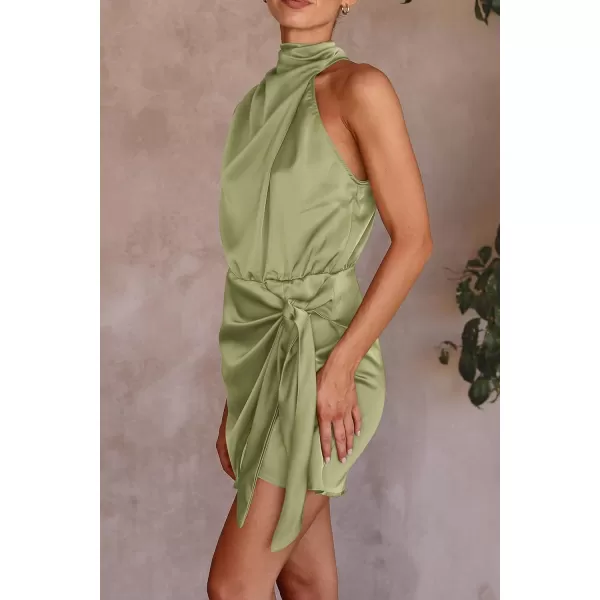 imagePRETTYGARDEN Womens Short Formal Satin Dress Summer Sleeveless Mock Neck Tie Waist Cocktail Party DressesTender Green