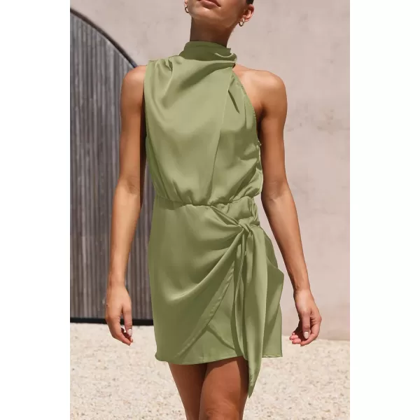 imagePRETTYGARDEN Womens Short Formal Satin Dress Summer Sleeveless Mock Neck Tie Waist Cocktail Party DressesTender Green