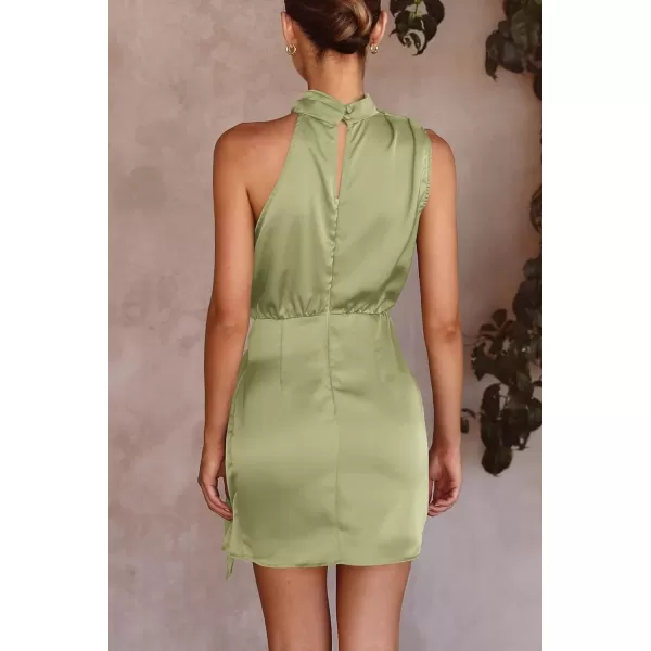 imagePRETTYGARDEN Womens Short Formal Satin Dress Summer Sleeveless Mock Neck Tie Waist Cocktail Party DressesTender Green