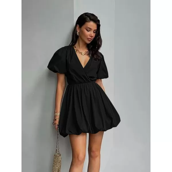 imagePRETTYGARDEN Womens Short Summer Dresses Casual Puffy Sleeve Wrap V Neck Ruffle Solid Color Flare DressBlack