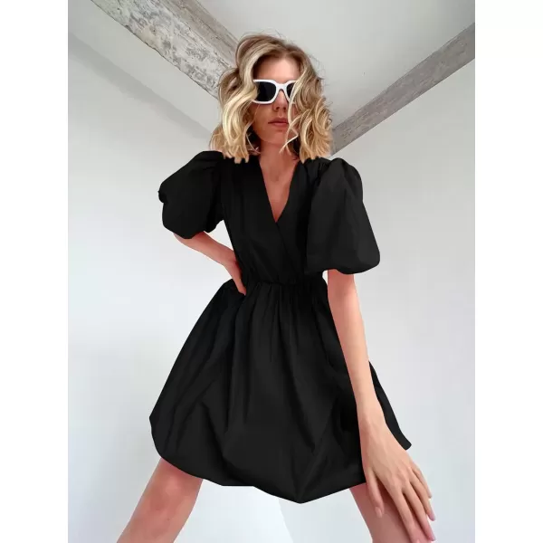 imagePRETTYGARDEN Womens Short Summer Dresses Casual Puffy Sleeve Wrap V Neck Ruffle Solid Color Flare DressBlack