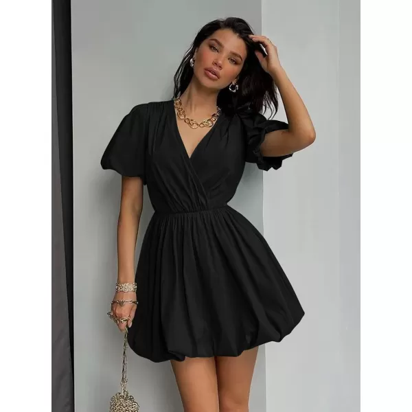 imagePRETTYGARDEN Womens Short Summer Dresses Casual Puffy Sleeve Wrap V Neck Ruffle Solid Color Flare DressBlack