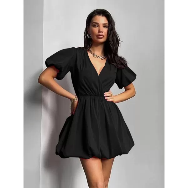 imagePRETTYGARDEN Womens Short Summer Dresses Casual Puffy Sleeve Wrap V Neck Ruffle Solid Color Flare DressBlack