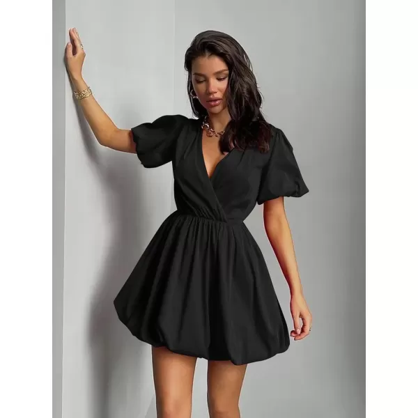 imagePRETTYGARDEN Womens Short Summer Dresses Casual Puffy Sleeve Wrap V Neck Ruffle Solid Color Flare DressBlack
