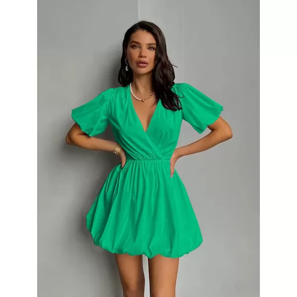 imagePRETTYGARDEN Womens Short Summer Dresses Casual Puffy Sleeve Wrap V Neck Ruffle Solid Color Flare DressGreen
