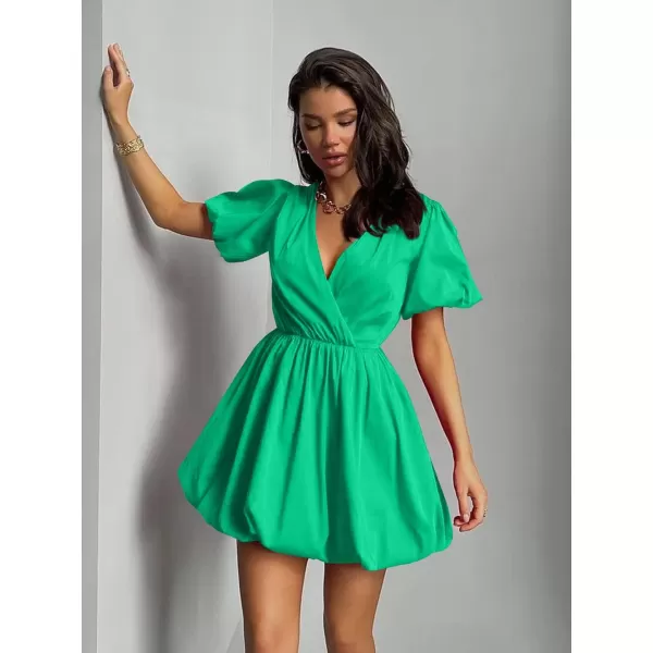 imagePRETTYGARDEN Womens Short Summer Dresses Casual Puffy Sleeve Wrap V Neck Ruffle Solid Color Flare DressGreen