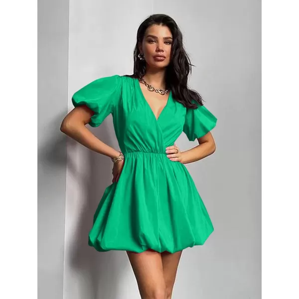 imagePRETTYGARDEN Womens Short Summer Dresses Casual Puffy Sleeve Wrap V Neck Ruffle Solid Color Flare DressGreen