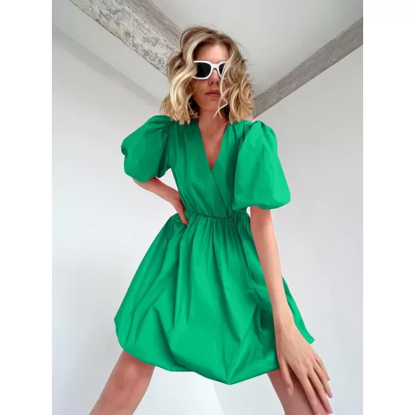 imagePRETTYGARDEN Womens Short Summer Dresses Casual Puffy Sleeve Wrap V Neck Ruffle Solid Color Flare DressGreen
