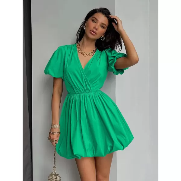 imagePRETTYGARDEN Womens Short Summer Dresses Casual Puffy Sleeve Wrap V Neck Ruffle Solid Color Flare DressGreen