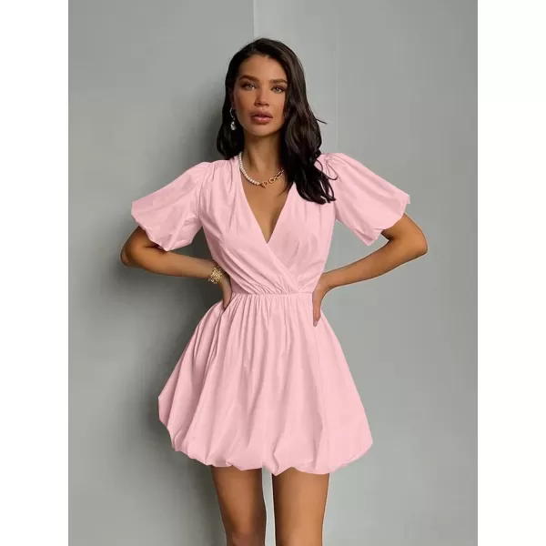 imagePRETTYGARDEN Womens Short Summer Dresses Casual Puffy Sleeve Wrap V Neck Ruffle Solid Color Flare DressPink