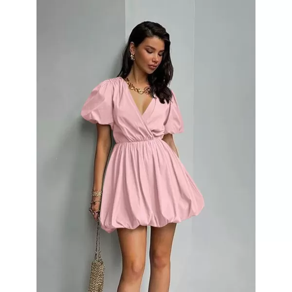 imagePRETTYGARDEN Womens Short Summer Dresses Casual Puffy Sleeve Wrap V Neck Ruffle Solid Color Flare DressPink