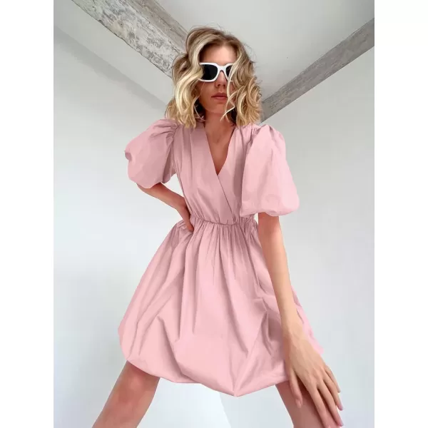 imagePRETTYGARDEN Womens Short Summer Dresses Casual Puffy Sleeve Wrap V Neck Ruffle Solid Color Flare DressPink