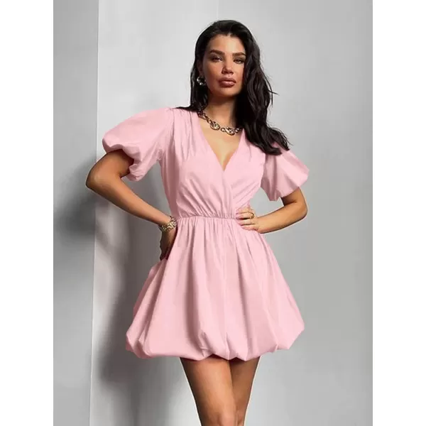 imagePRETTYGARDEN Womens Short Summer Dresses Casual Puffy Sleeve Wrap V Neck Ruffle Solid Color Flare DressPink