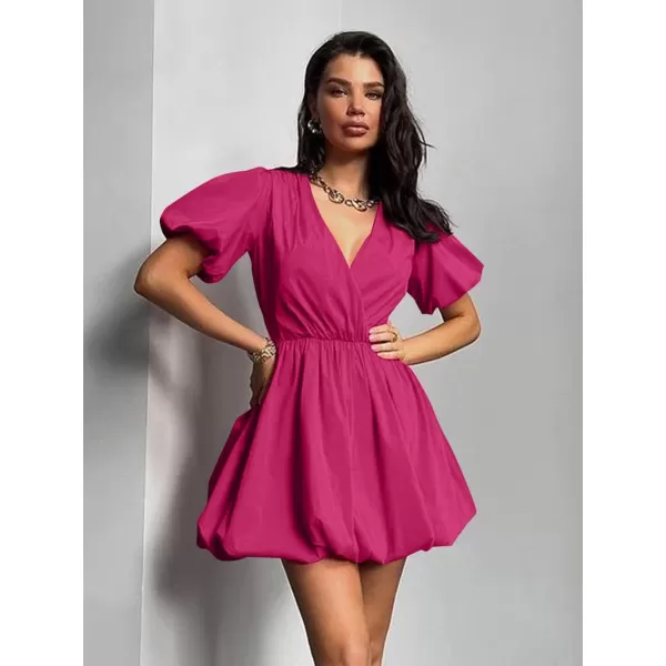 imagePRETTYGARDEN Womens Short Summer Dresses Casual Puffy Sleeve Wrap V Neck Ruffle Solid Color Flare DressRose Red