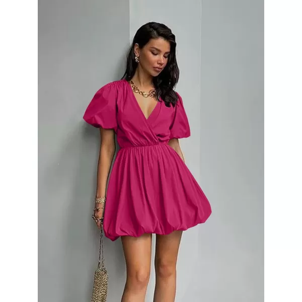 imagePRETTYGARDEN Womens Short Summer Dresses Casual Puffy Sleeve Wrap V Neck Ruffle Solid Color Flare DressRose Red