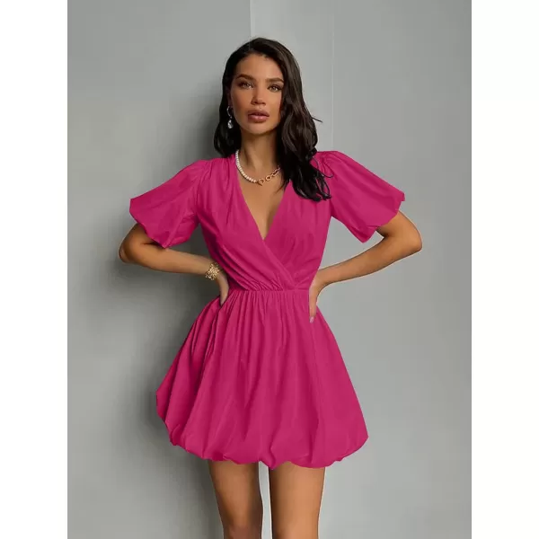 imagePRETTYGARDEN Womens Short Summer Dresses Casual Puffy Sleeve Wrap V Neck Ruffle Solid Color Flare DressRose Red