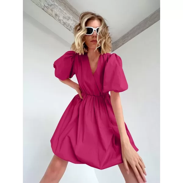 imagePRETTYGARDEN Womens Short Summer Dresses Casual Puffy Sleeve Wrap V Neck Ruffle Solid Color Flare DressRose Red
