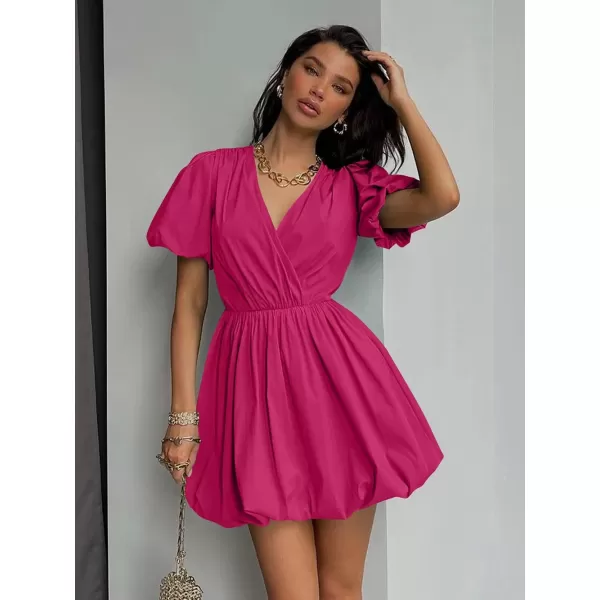 imagePRETTYGARDEN Womens Short Summer Dresses Casual Puffy Sleeve Wrap V Neck Ruffle Solid Color Flare DressRose Red