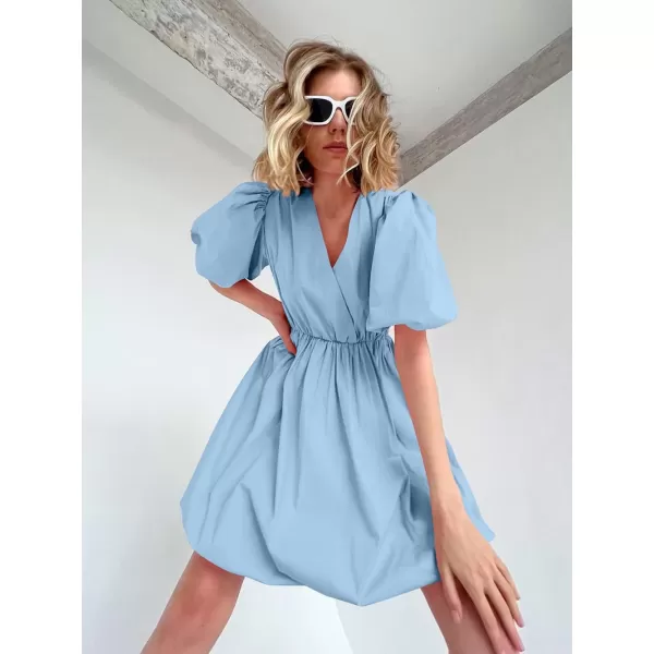 imagePRETTYGARDEN Womens Short Summer Dresses Casual Puffy Sleeve Wrap V Neck Ruffle Solid Color Flare DressSky Blue
