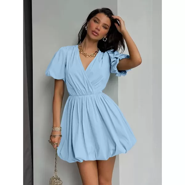 imagePRETTYGARDEN Womens Short Summer Dresses Casual Puffy Sleeve Wrap V Neck Ruffle Solid Color Flare DressSky Blue