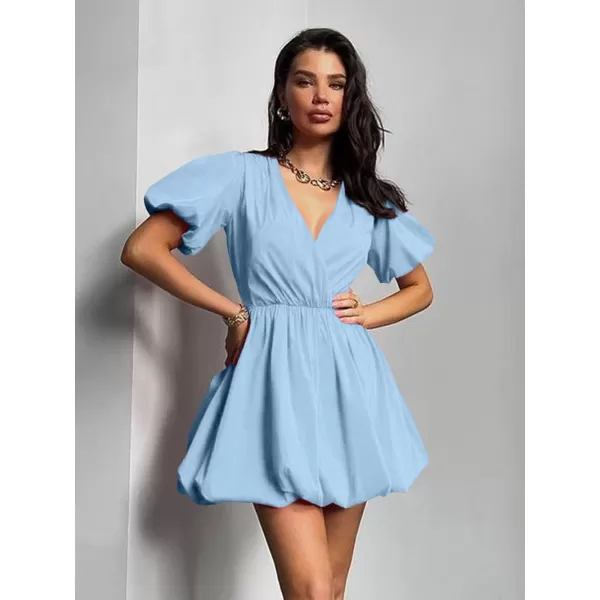 imagePRETTYGARDEN Womens Short Summer Dresses Casual Puffy Sleeve Wrap V Neck Ruffle Solid Color Flare DressSky Blue