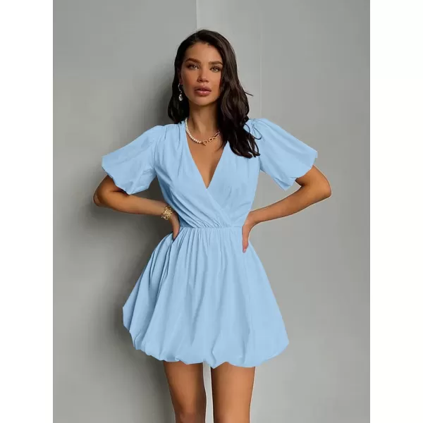 imagePRETTYGARDEN Womens Short Summer Dresses Casual Puffy Sleeve Wrap V Neck Ruffle Solid Color Flare DressSky Blue