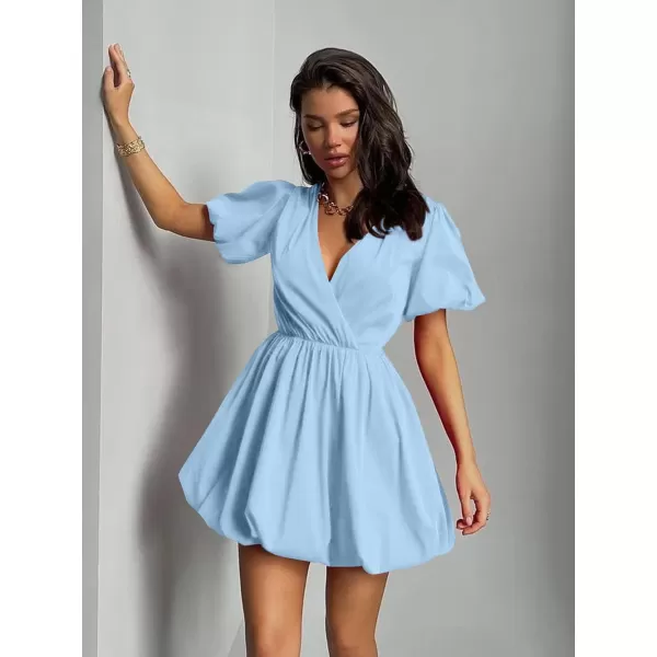 imagePRETTYGARDEN Womens Short Summer Dresses Casual Puffy Sleeve Wrap V Neck Ruffle Solid Color Flare DressSky Blue