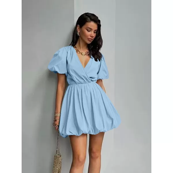 imagePRETTYGARDEN Womens Short Summer Dresses Casual Puffy Sleeve Wrap V Neck Ruffle Solid Color Flare DressSky Blue