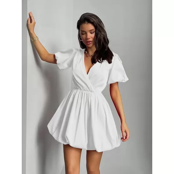 imagePRETTYGARDEN Womens Short Summer Dresses Casual Puffy Sleeve Wrap V Neck Ruffle Solid Color Flare DressWhite