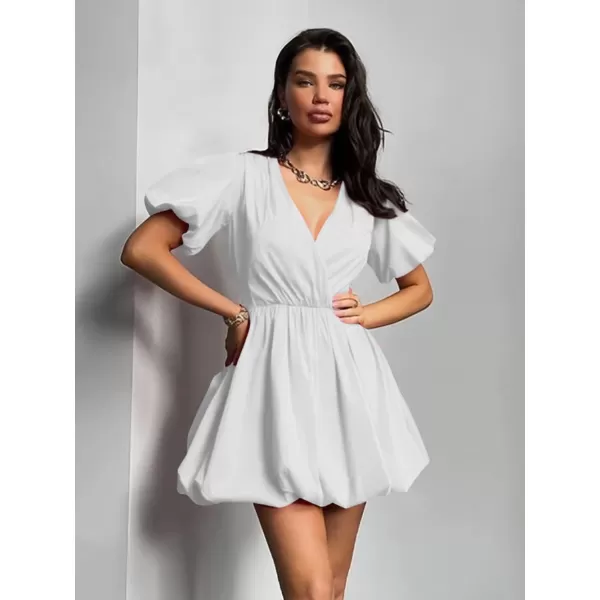 imagePRETTYGARDEN Womens Short Summer Dresses Casual Puffy Sleeve Wrap V Neck Ruffle Solid Color Flare DressWhite